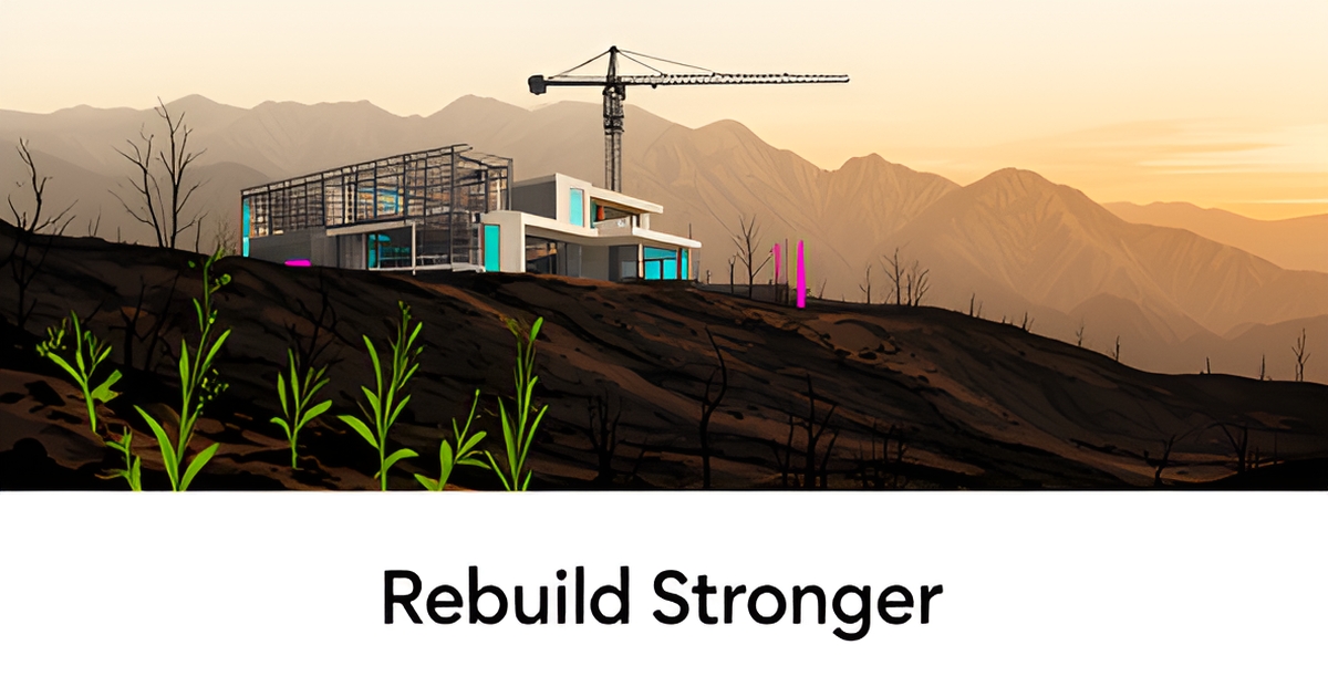 Flat illustration of a modern home being rebuilt on an Altadena hillside with teal and magenta accents and a Rebuild Stronger headline.